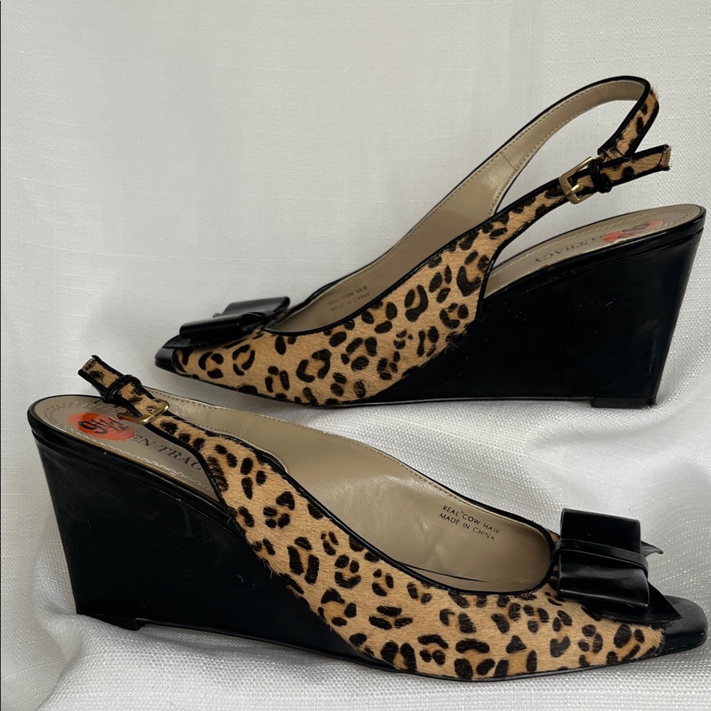 Leopard Print Slingback Wedges with Black Patent Bow